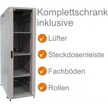IT-BUDGET 19 inch netwerkkast SRK compleetset 38U 600x800 mm glazen/stalen deur 4 actieve ventilatoren PDU legplanken flatpack lichtgrijs 90ITB19SRK3868GG