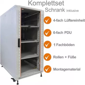 IT-BUDGET 19 inch netwerkkast SRK compleetset - 18U - 600x600 mm - glas-/stalen deur - 4 actieve ventilatoren - PDU - legborden - voorgemonteerd - lichtgrijs 99ITB19SRK1866GGM