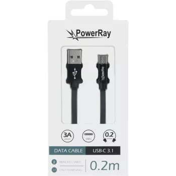 PowerRay PR-DCUC020TBK USB-A naar USB-C data- en oplaadkabel, 0,2 m, textiel zwart, blister
