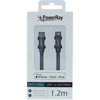 PowerRay USB-C naar Lightning MFi-gecertificeerde gevlochten kabel 1,2m grijs PR-DCCL120TGY