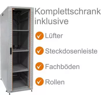 IT-BUDGET 19 inch netwerkkast SRK - compleetset - 38U - 600x600 mm - glazen/stalen deur - 4 actieve ventilatoren - PDU - legborden - voorgemonteerd - lichtgrijs 99ITB19SRK3866GGM