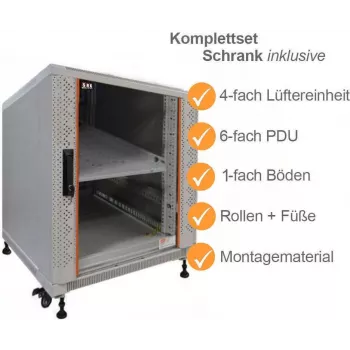 IT-BUDGET 19 inch serverrack SRK compleetset - 12U - 600x1000 mm - glas-/stalen deur - 4 actieve ventilatoren - PDU - legborden - gemonteerd - lichtgrijs 99ITB19SRK12610GGM