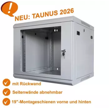 IT-BUDGET 19 inch netwerkkast TAUNUS - 12U, 450 mm diepte, afsluitbare glazen deur, lichtgrijs (90ITB191245GG)