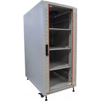 IT-BUDGET 19 inch netwerkkast SRK compleetset 22U 600x600 mm glazen/stalen deur 4 ventilatoren PDU legborden flatpack lichtgrijs 90ITB19SRK2266GG