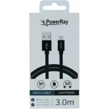 PowerRay USB-naar-Lightning datakabel 3m textiel zwart PR-DCUL300TBK
