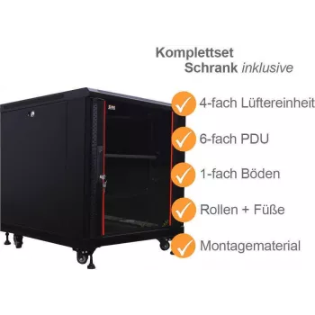 IT-BUDGET 19 inch serverkast SRK compleetset 12U 600x1000 mm glazen/stalen deur 4 actieve ventilatoren PDU legborden voorgemonteerd zwart 99ITB19SRK12610GSM