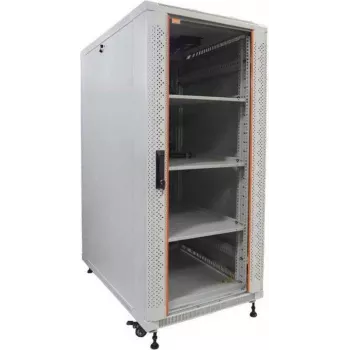 IT-BUDGET 19 inch serverrack SRK compleetset - 27U, 600x1000 mm, glas/massieve deuren, 4 actieve ventilatoren, PDU, legborden, lichtgrijs 90ITB19SRK27610GG