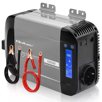 Qoltec zuivere sinus omvormer 12V naar 230V 300W/600W met LCD, USB-A en USB-C PD, LiFePO4/GEL/AGM compatibel