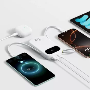 Baseus EnerFill FC31 QPow3 10000mAh 45W powerbank met digitaal display en 2 geïntegreerde USB-C-kabels - wit