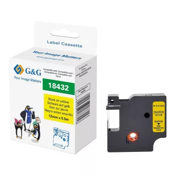 G&G vinyl etiketband 12mm x 5,5m zwart op geel voor Dymo Rhino 18432 RL-D-Vi-18432-BK/YE-12MM*5.5M