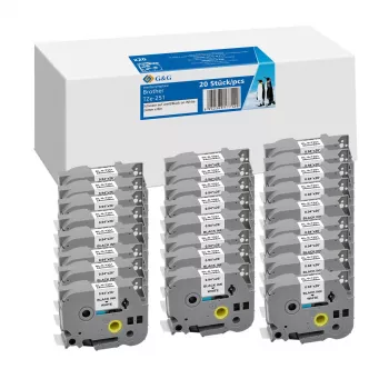 G&G 20-pack compatibele Brother TZe-251 gelamineerde labeltape 24mm x 8m zwart op wit 5T251-20TDGG
