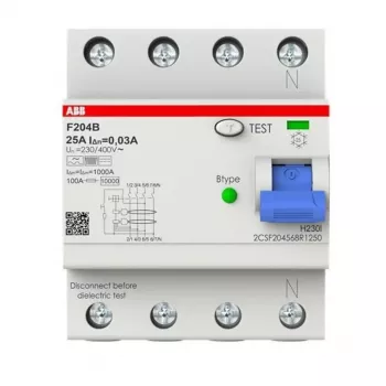 ABB type B aardlekschakelaar 4P 25A 30mA 3kA 4 modules F204B-25/0.03-4TE 2CSF204568R1250