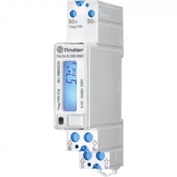 Finder 7M.24.8.230.0001 eenfasige digitale energiemeter, 230 V AC, 5(40) A, klasse 1, LCD, S0-pulsuitgang, DIN-rail, 1 module, MID niet conform