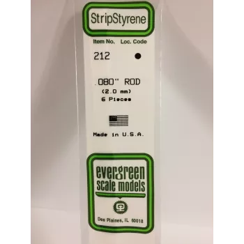 Evergreen 212 polystyreen rondstaaf 2 mm x 350 mm, 6 stuks