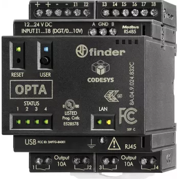 Finder programmeerbaar logisch relais (PLR) PLC-stuureenheid, 24 V DC, 8 digitale ingangen, 4 analoge ingangen, 4 relaisuitgangen, 8 A, LCD-display, DIN-railmontage, 8A.04.9.024.832C