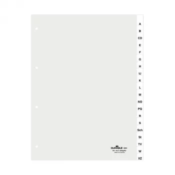 DURABLE A4 20-delige A-Z register, dichtgelaste tabs, 4-voudige perforatie, 80mm afstand, met voorblad 680019