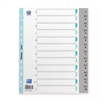 Oxford A4 kunststof register, 12-delige, genummerd 1-12, grijs, PP 0,12 mm, Eurolochung 400033989