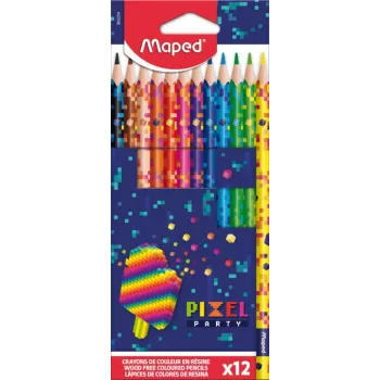 Maped PIXEL PARTY driehoekige kleurpotloden, 12 verschillende kleuren, zachte breukvaste stift, pixelpatroon-schacht, kartonnen etui 862204