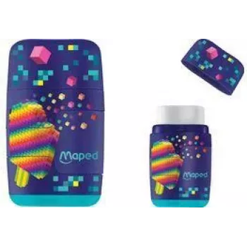 Maped Pixel Party gum & puntenslijper combi, dubbel gat, transparant opvangbakje, diverse kleuren 049223