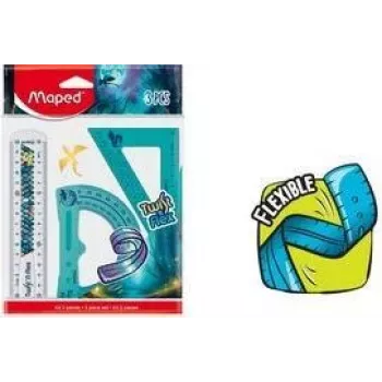 Maped Twist'n Flex Dragon geometrie-set, 3-delig, flexibel kunststof, onbreekbaar, 15 cm liniaal, 180° gradenboog, 45°/45°/90° geodriehoek 981898