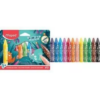 Maped Jungle Fever jumbo driehoekige waskrijtjes, 12 verschillende kleuren, diermotieven, kartonnen etui, vanaf 1 jaar