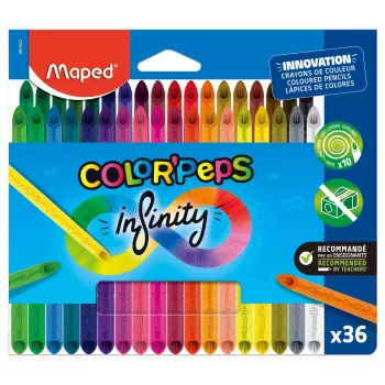 Maped COLOR'PEPS INFINITY driehoekige kleurpotloden, 36 verschillende kleuren, houtvrij, 100% pigmentkern, 10x langer houdbaar, ergonomisch etui 861623