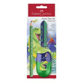 Faber-Castell Dino Jumbo schrijfpakket, groen, 3 pennen, 3 mm stift, ergonomisch driehoekig, breukvast, vanaf 3 jaar 111529