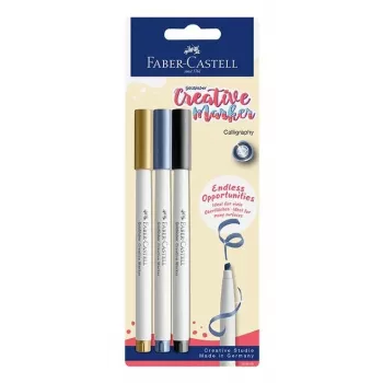 Faber-Castell Goldfaber Creative marker set, 3 stuks, op waterbasis, penseelpunt, diverse kleuren (zwart, grijs, wit), blisterverpakking 160905