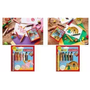 STABILO woody 3 in 1 multitalent-potlood, 6-delige tijger ronde etui set, kleurpotlood, waterverf en waskrijt in één EO8806-4-2