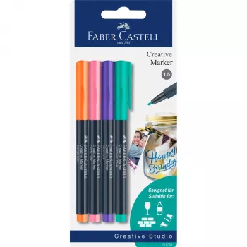 Faber-Castell Creative Marker set met 4 stuks, waterbasis inkt, geurloos, veegvast, diverse kleuren 160704