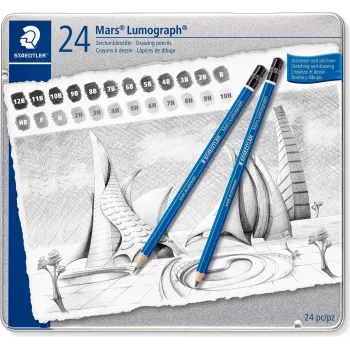 STAEDTLER Mars Lumograph 100 G24 tekenpotlood-set, 24 verschillende hardheden in metalen doos, blauw zeshoekig