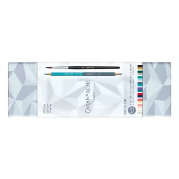 CARAN D'ACHE Bicolor Alpine Frost aquarelpotlood-set, 9 potloden (18 kleuren) + penseel, metalen doos CC0999.025