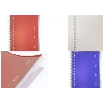 Kangaro collegeblok 4-in-1, DIN A4, 100 vel, gelinieerd, rode PP-omslag, 80 g/m² papier, 4 verspringbare tabbladen – 1 stuk (K-58380)