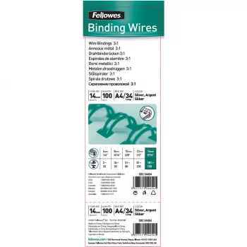 Fellowes 14 mm 34-rings zilver Twin Loop draadbindkam voor A4, 130 vel, 100-pack (54454)