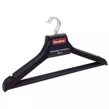 SAUBER kledinghangers van hout, 3-pack, donker oppervlak, 360° draaibare haak, broekbeugel
