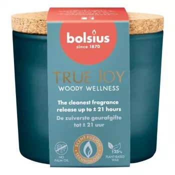 BOLSIUS True Joy geurkaars in glas met kurkdeksel - Woody Wellness, Ø66x83 mm