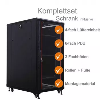 IT-BUDGET 19 inch netwerkkast SRK compleetset - 27U - 600x800 mm - glas-/massieve deur - 4 actieve ventilatoren - PDU - legborden - flatpack - zwart (90ITB19SRK2768GS)