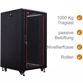 IT-BUDGET 19 inch netwerkkast SRK - 27U - 600x800 mm - glas-/stalen deur - gemonteerd - zwart 99ITB19SRK2768GSNM