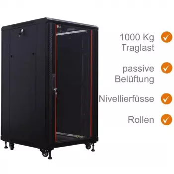 IT-BUDGET 19 inch netwerkkast SRK - 27U - 600x800 mm - glas-/stalen deur - gemonteerd - zwart 99ITB19SRK2768GSNM
