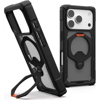 UAG Urban Armor Gear Plasma XTE 360 MagSafe Kickstand hoes voor Apple iPhone 18 Pro/17 Pro - transparant grijs met zwarte & oranje accenten 114573114097