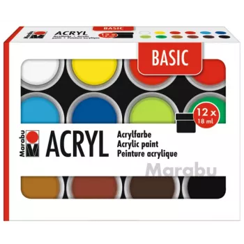 Marabu BASIC acrylverf-set, 12 x 18 ml, hoge pigmentering, zeer hoge lichtbestendigheid 1210000000214