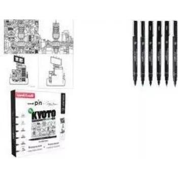 uni-ball PIN Kyoto fineliner-pennenset, 6 pigmentinktpennen (zwart, 0,1–penseel), watervast CF PIN/6 003