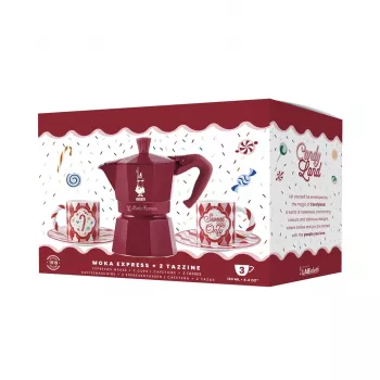 Bialetti Candyland Moka Express 3TZ handmatige koffiemachine set, 150 ml, rood + 2 kopjes