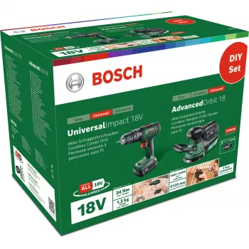 Bosch DIY set UniversalImpact 18V + AdvancedOrbit 18V, 2x 2,0Ah Li-Ion accu, accu-slagboorschroevendraaier + accu-excenterschuurmachine, groen (06039D410A)