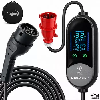 Qoltec mobiele EV-lader voor elektrische en hybride auto's, 2-in-1 verstelling, Type 2, 7 kW, 230 V, CEE 32 A, LED, 5 m