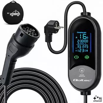 Qoltec mobiele EV-oplader 2-in-1, Type 2, 3,5 kW, 230 V, Schuko 16 A, LED, 5 m (53182)