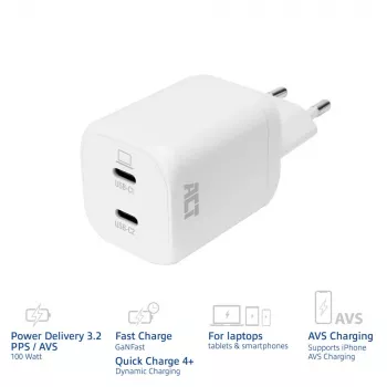 ACT USB-C oplader 100W 2-poorts met Power Delivery 3.2, PPS, AVS, QuickCharge en GaNFast