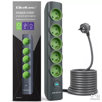 Qoltec stekkerdoos met verlichte schakelaar, 5 Schuko-stopcontacten, 1,8 m