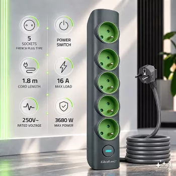 Qoltec stekkerdoos met verlichte schakelaar, 5 Schuko-stopcontacten, 1,8 m