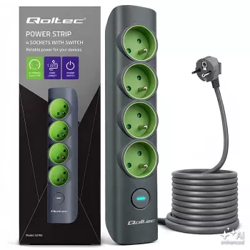 Qoltec stekkerdoos met verlichte schakelaar, 4 Schuko-stopcontacten, 1,8 m